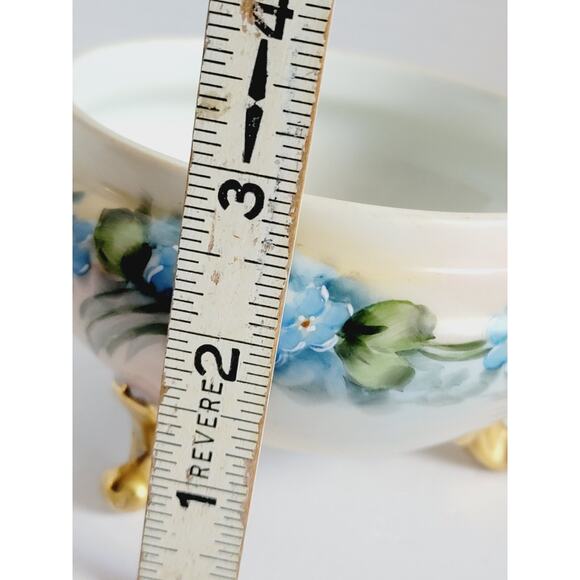 Antique GDA Limoges Hand Painted 3 Footed Bowl Blue Floral Gold Gilt Porcelain - Picture 10 of 11